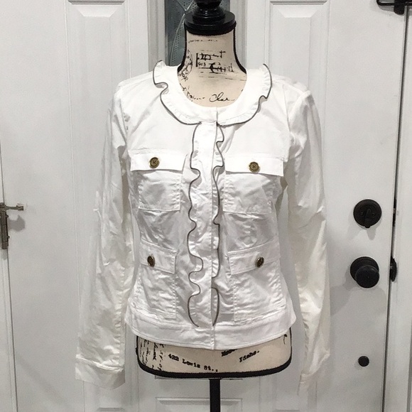 NWOT. MICHAEL KORS Ruffle Zipper Utility Jacket White Button Closure P2P 18.5โ - Picture 1 of 12